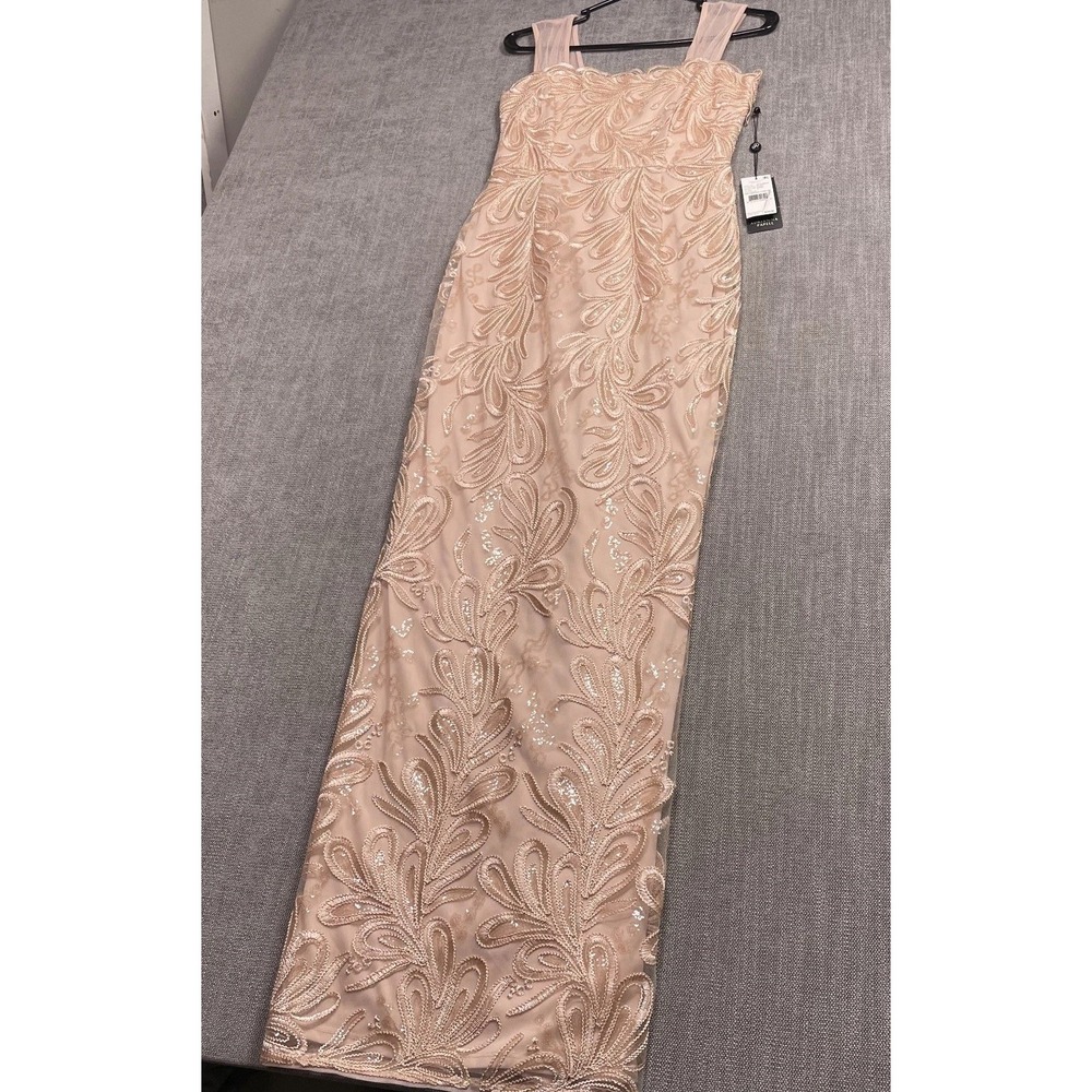 Adrianna Papell Sequined Maxi Evening Gown Blush Pink Square Neck 0 AP1E209623